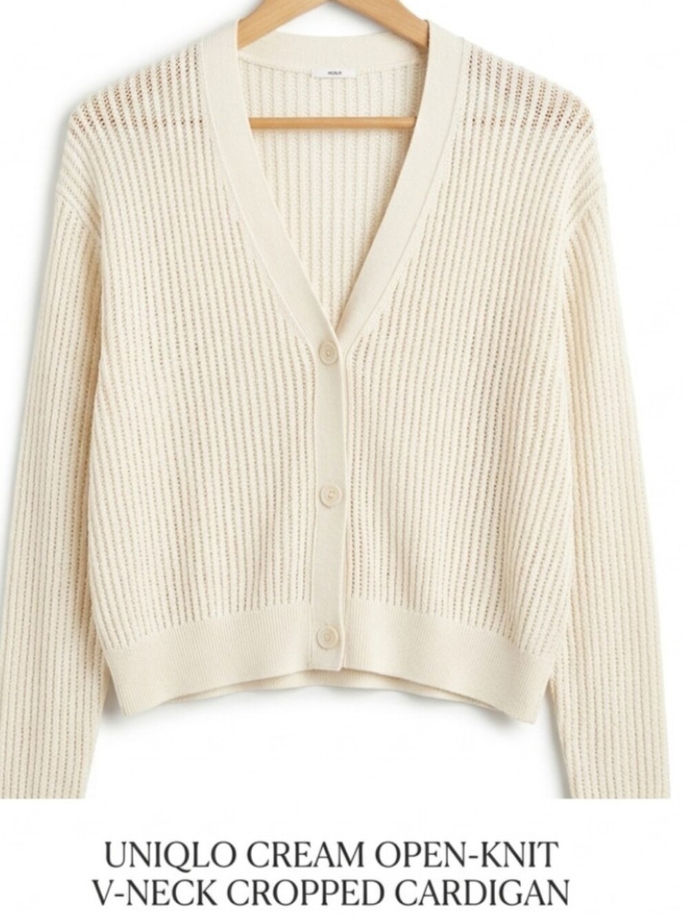 Uniqlo Cream Open-Knit V-Neck Cropped Button Cardigan